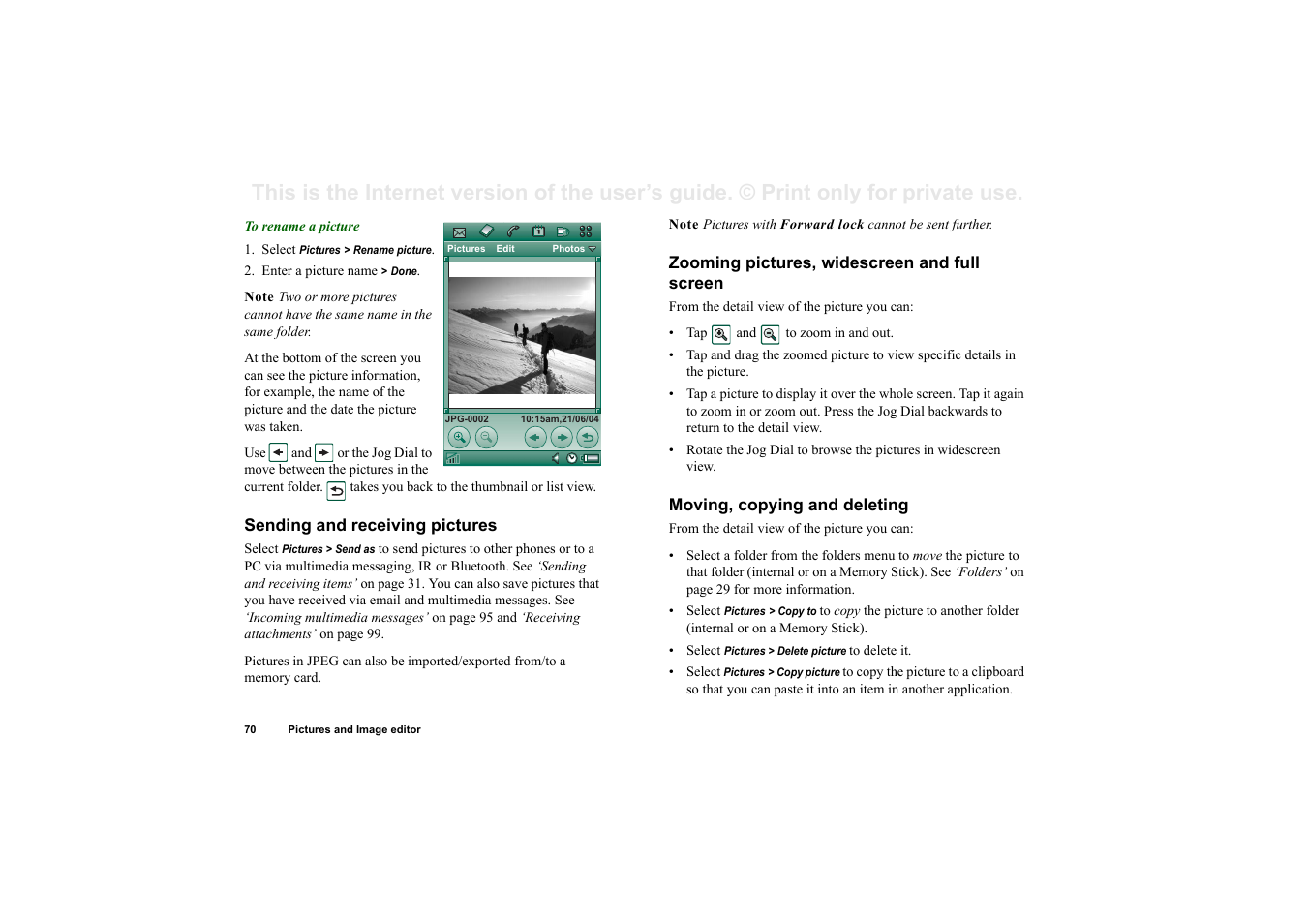 Sending and receiving pictures, Zooming pictures, widescreen and full screen, Moving, copying and deleting | Superior P910I User Manual | Page 70 / 211