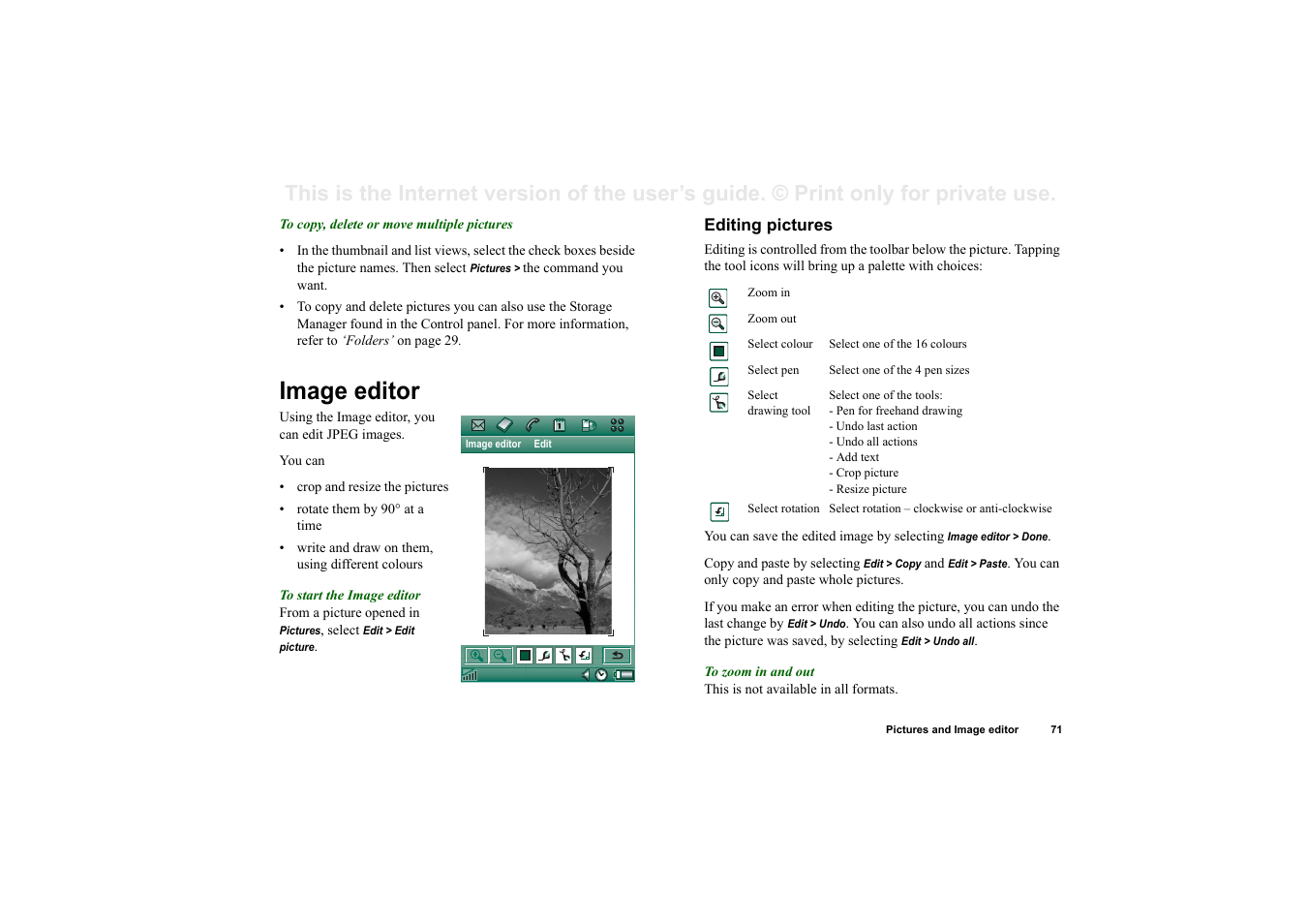 Image editor, Editing pictures | Superior P910I User Manual | Page 71 / 211