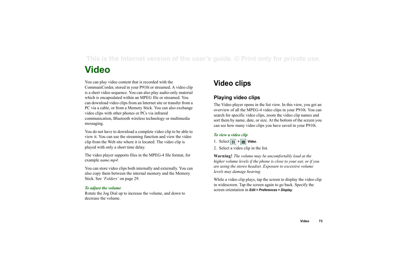 Video, Video clips, Playing video clips | Superior P910I User Manual | Page 73 / 211