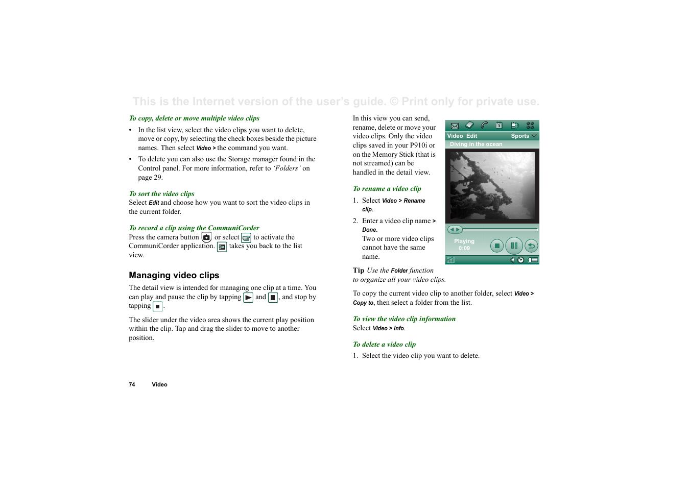 Managing video clips | Superior P910I User Manual | Page 74 / 211