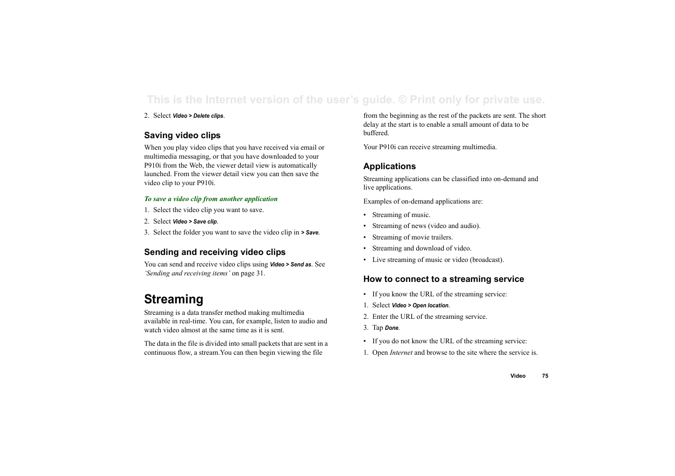 Saving video clips, Sending and receiving video clips, Streaming | Applications, How to connect to a streaming service | Superior P910I User Manual | Page 75 / 211