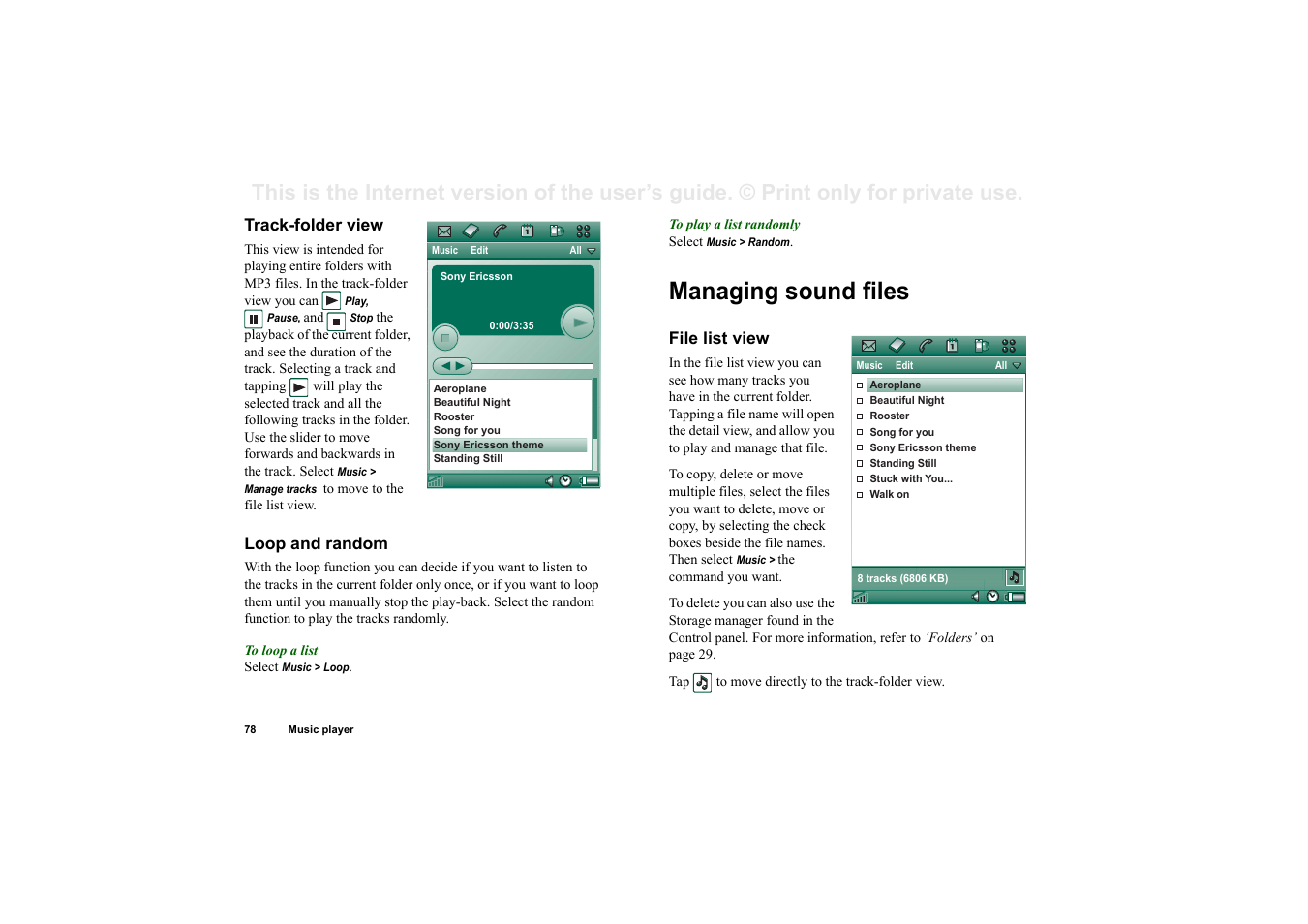 Track-folder view, Loop and random, Managing sound files | File list view | Superior P910I User Manual | Page 78 / 211