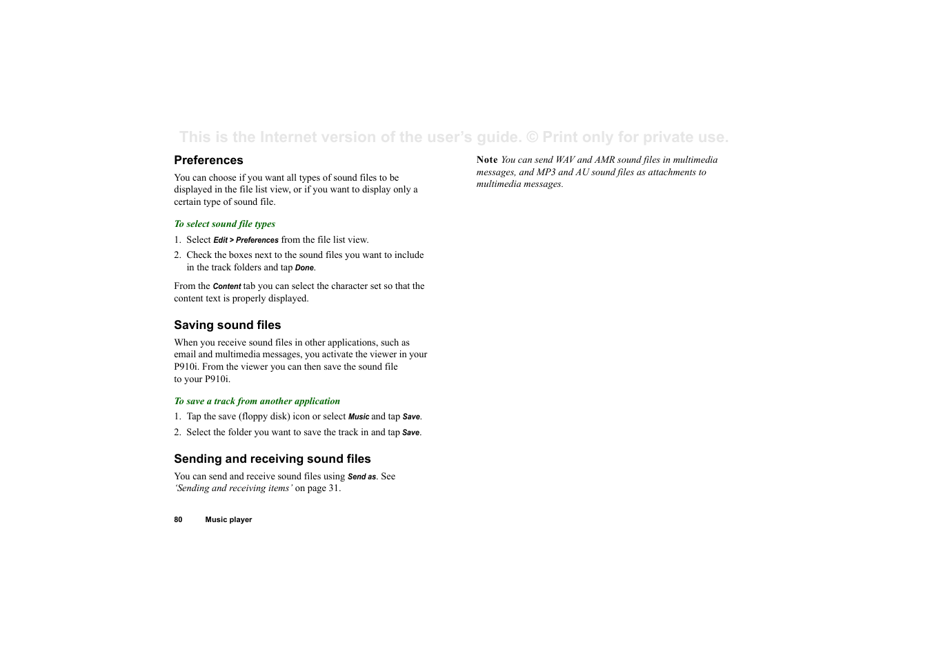 Preferences, Saving sound files, Sending and receiving sound files | Superior P910I User Manual | Page 80 / 211
