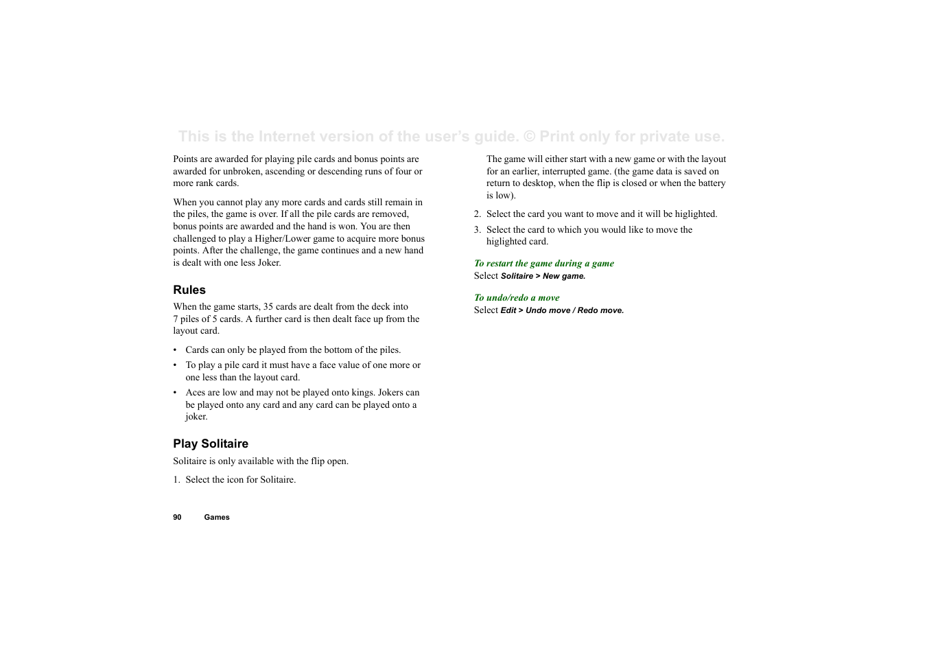 Rules, Play solitaire | Superior P910I User Manual | Page 90 / 211