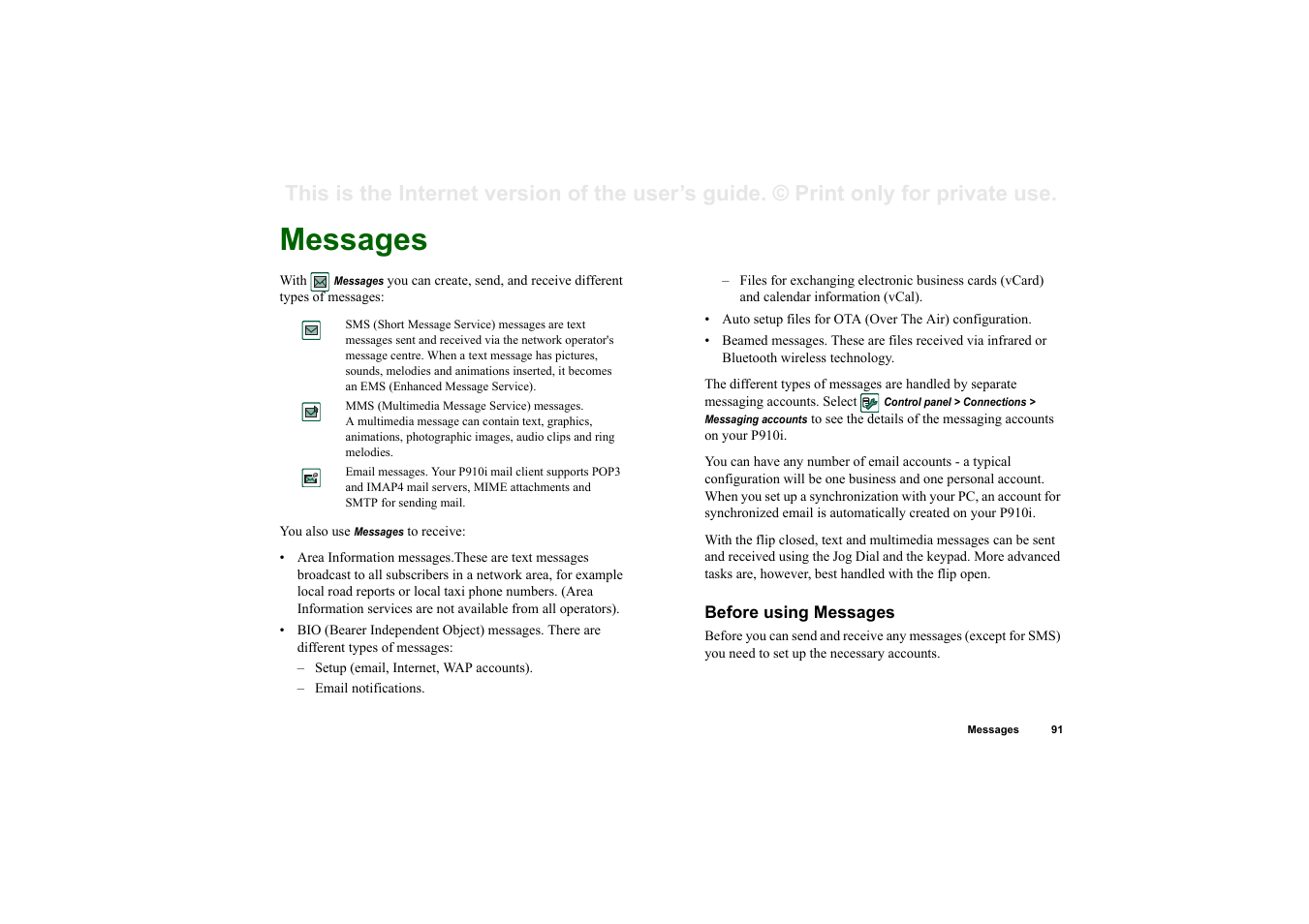Business, Messages, Before using messages | Usiness | Superior P910I User Manual | Page 91 / 211