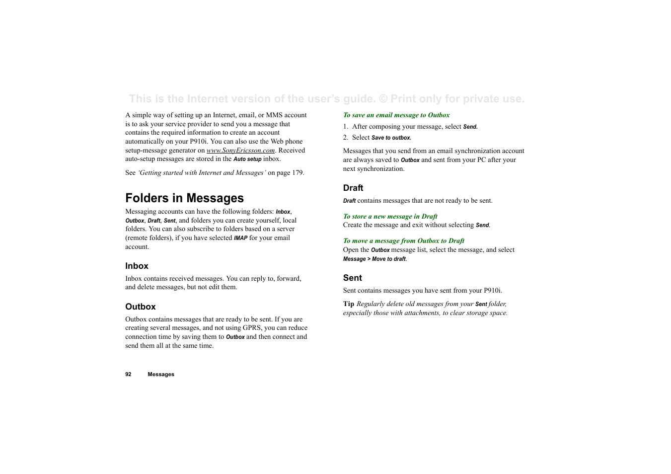 Folders in messages, Inbox, Outbox | Draft, Sent | Superior P910I User Manual | Page 92 / 211
