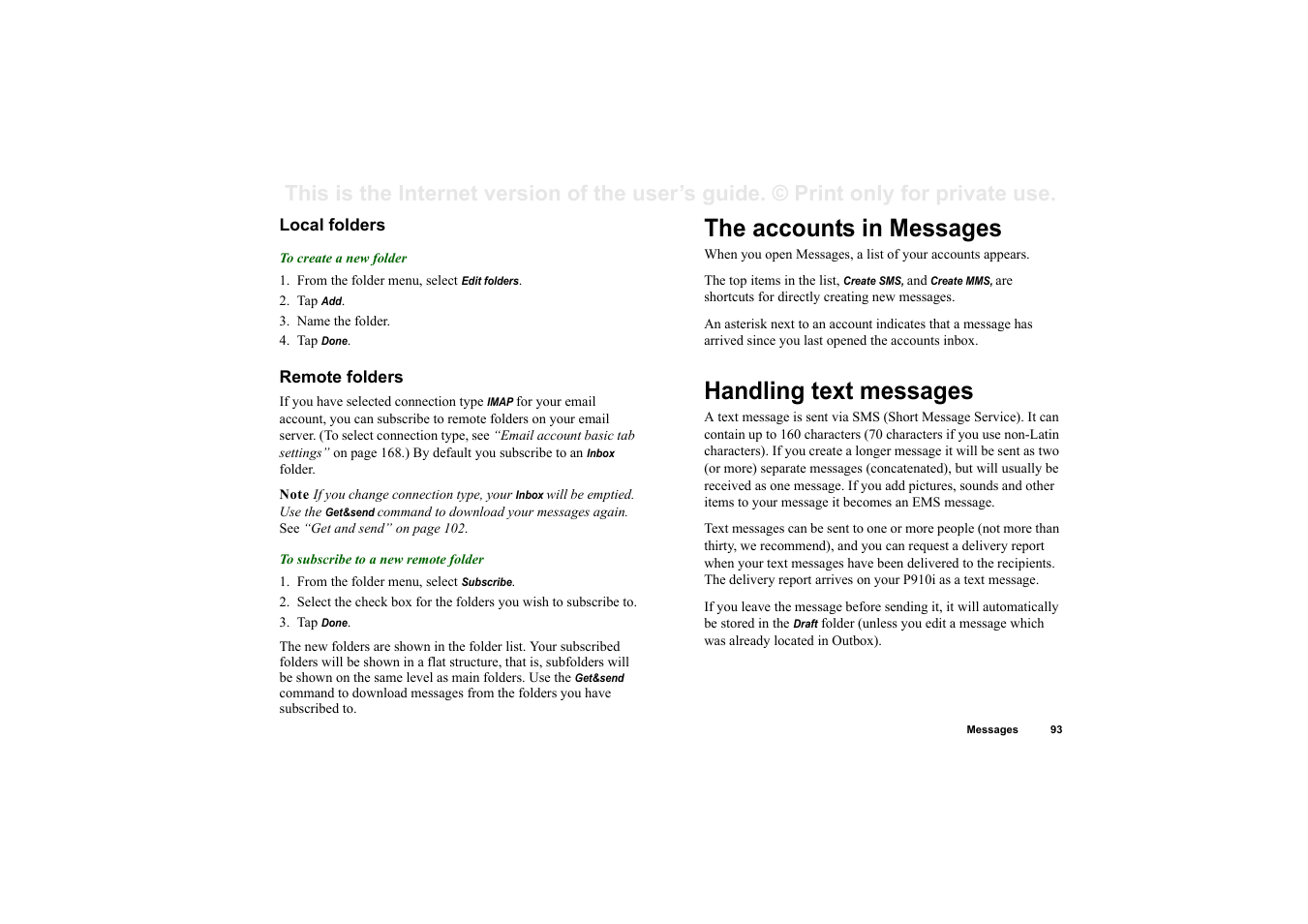 Local folders, Remote folders, The accounts in messages | Handling text messages, The accounts in messages handling text messages | Superior P910I User Manual | Page 93 / 211