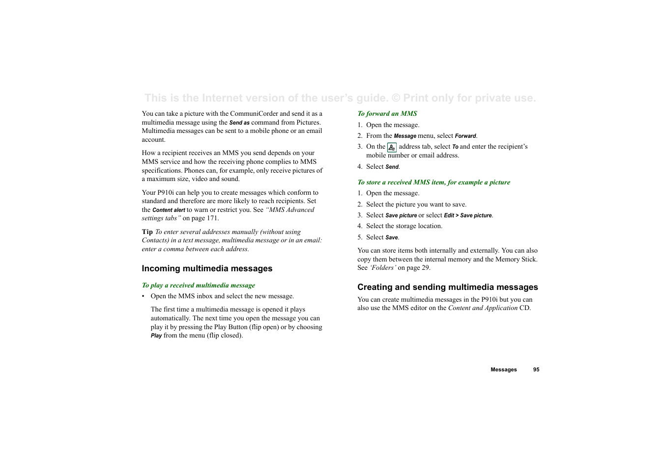 Incoming multimedia messages, Creating and sending multimedia messages | Superior P910I User Manual | Page 95 / 211