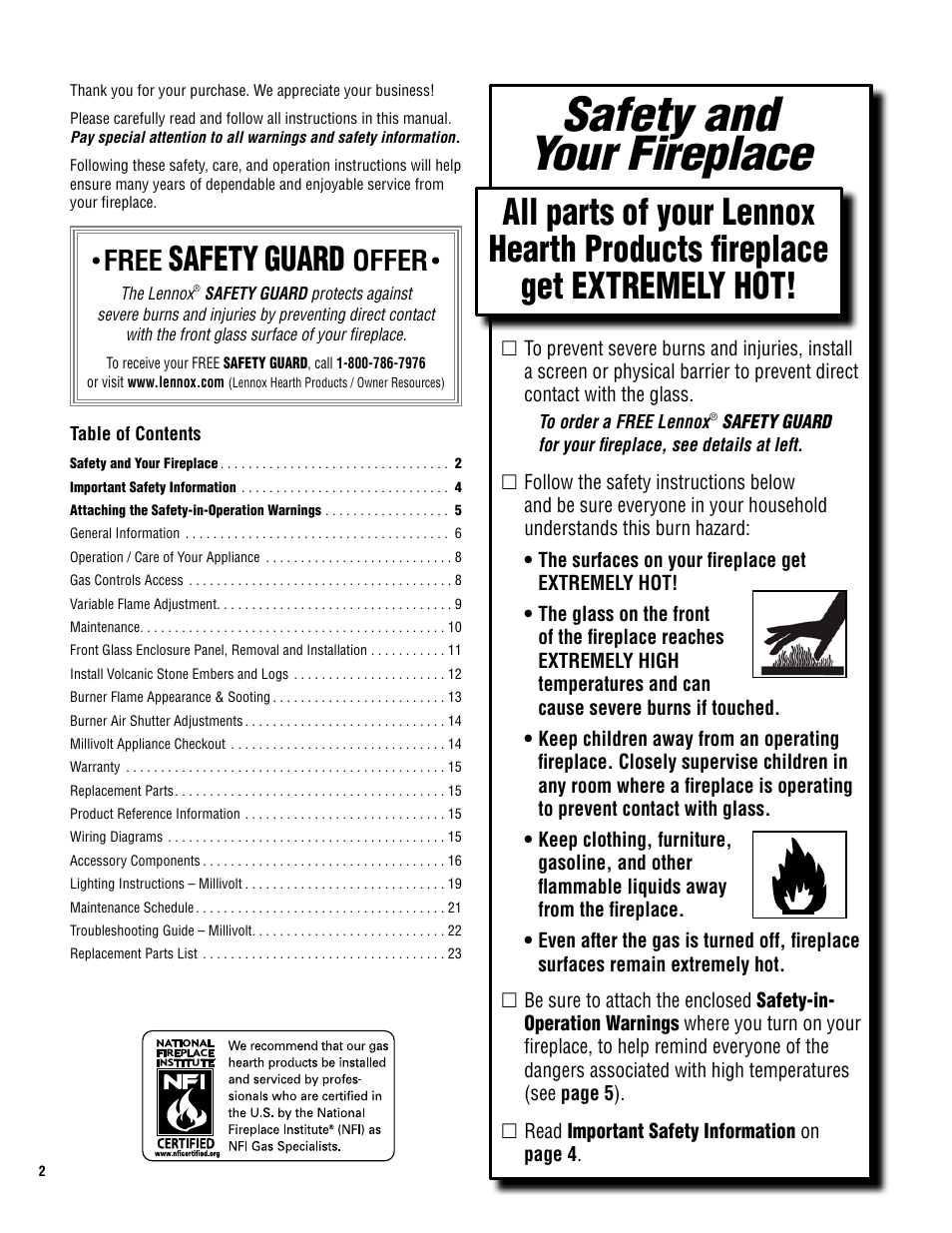 Safety and your fireplace, Safety, Guard | Free, Offer | Superior SDVST-N-B User Manual | Page 2 / 24