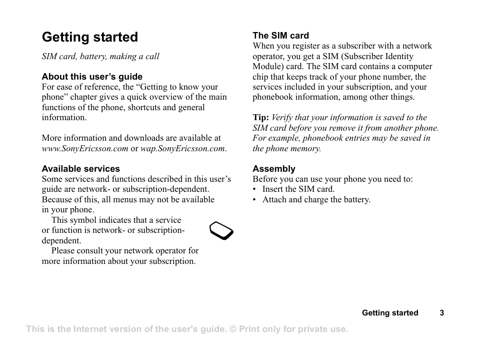 Getting started, Sim card, battery, making a call | Superior Z200 User Manual | Page 3 / 72