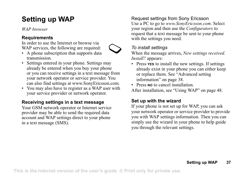 Setting up wap, Wap browser | Superior Z200 User Manual | Page 37 / 72