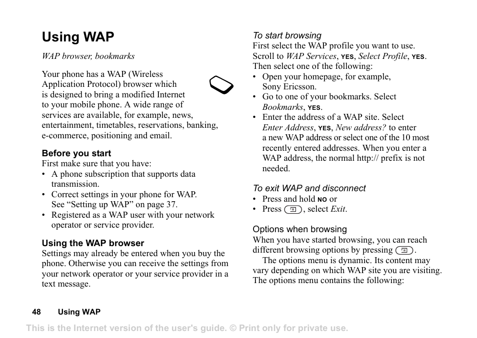 Using wap, Wap browser, bookmarks | Superior Z200 User Manual | Page 48 / 72