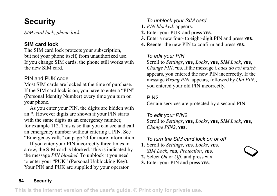 Security, Sim card lock, phone lock | Superior Z200 User Manual | Page 54 / 72