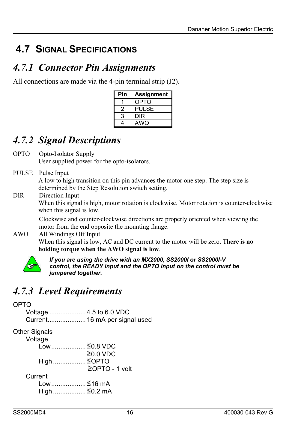 1 connector pin assignments, 2 signal descriptions, 3 level requirements | Ignal, Pecifications | Superior SLO-SYN SS2000MD4 User Manual | Page 16 / 36