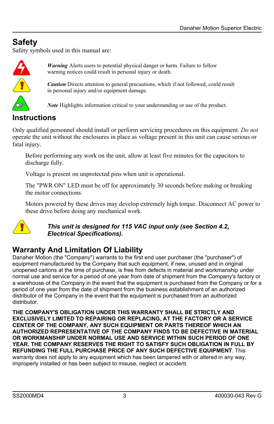 Safety, Instructions, Warranty and limitation of liability | Superior SLO-SYN SS2000MD4 User Manual | Page 3 / 36