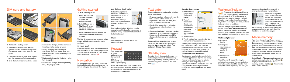 Getting started, Navigation, Keypad | Text entry, Standby view, Walkman® player, Sim card and battery | Superior W950 User Manual | Page 2 / 2