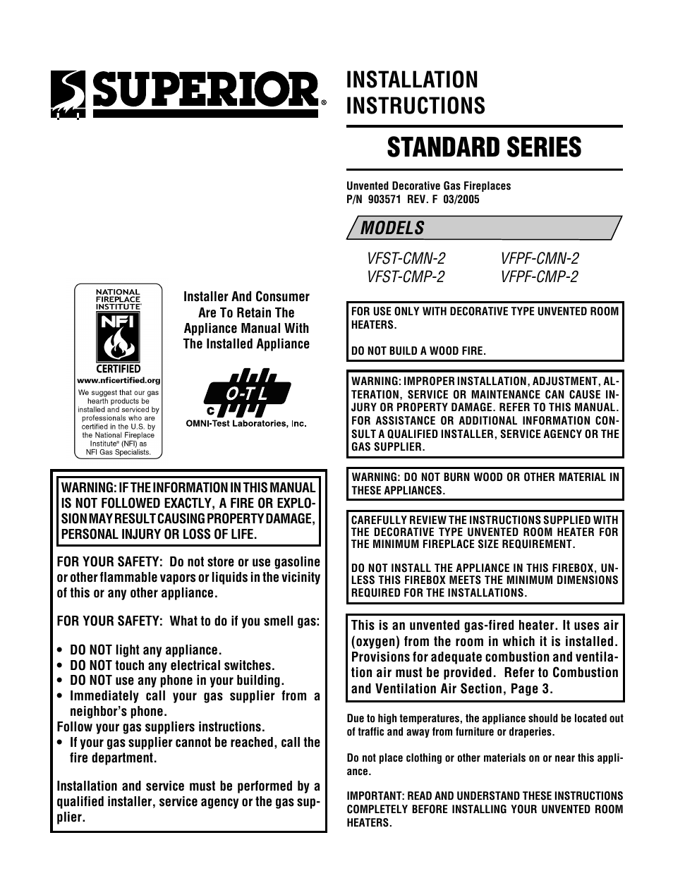 Superior Standard Series Unvented Decorative Gas Fireplaces VFPF-CMN-2 User Manual | 24 pages