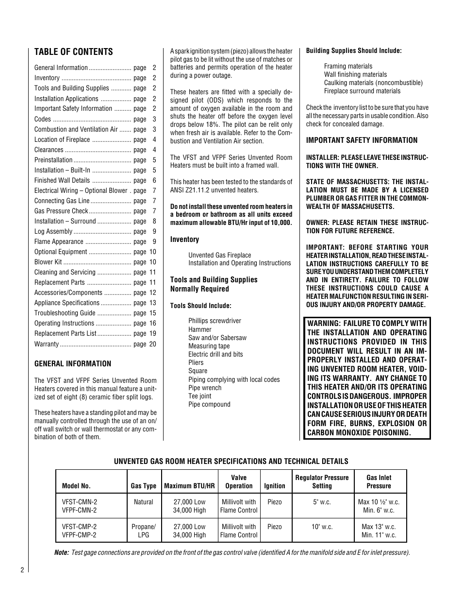 Superior Standard Series Unvented Decorative Gas Fireplaces VFPF-CMN-2 User Manual | Page 2 / 24