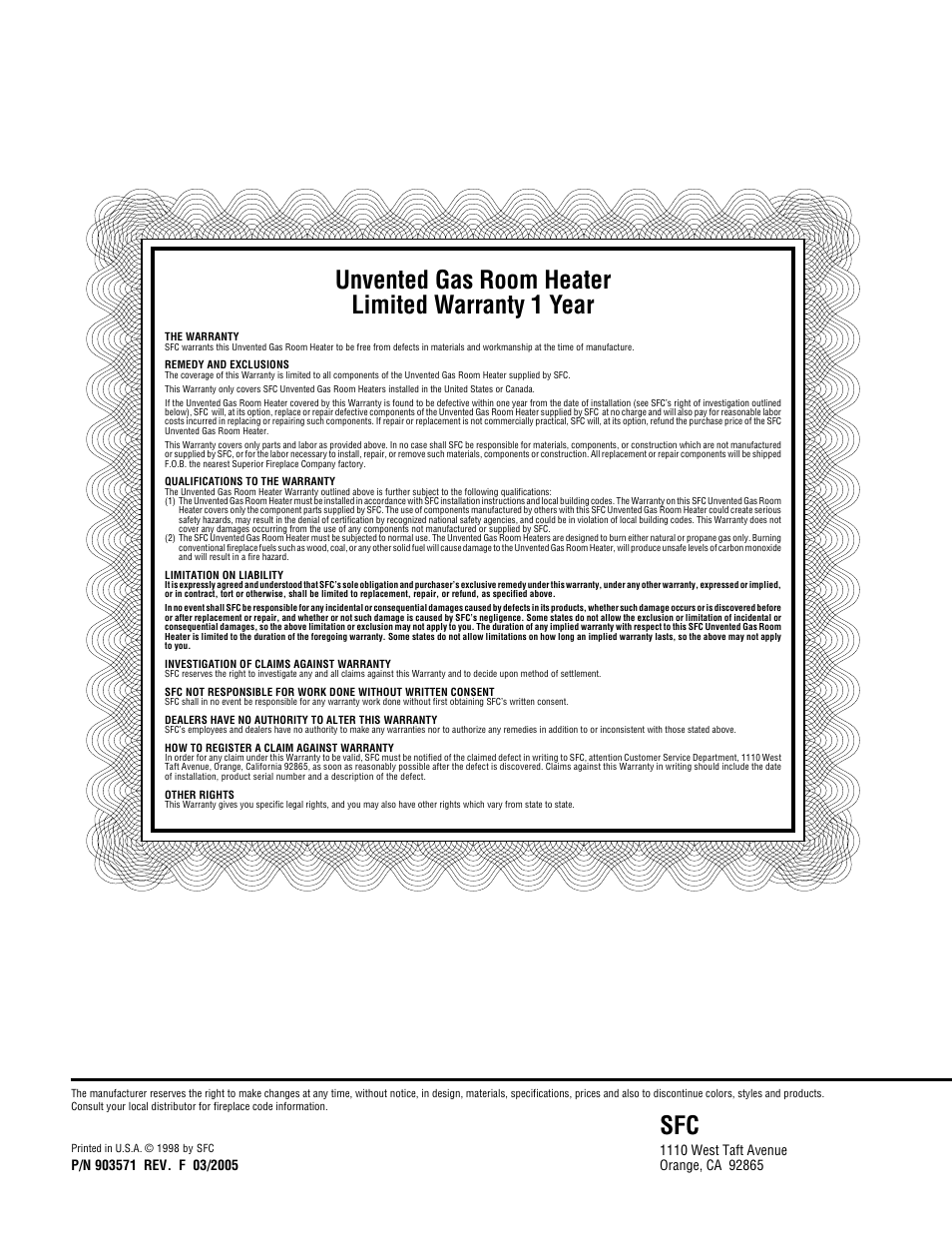 Unvented gas room heater limited warranty 1 year | Superior Standard Series Unvented Decorative Gas Fireplaces VFPF-CMN-2 User Manual | Page 24 / 24