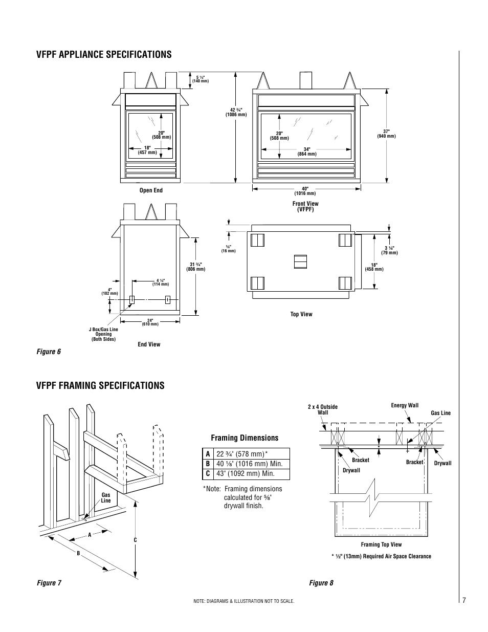 Framing dimensions, 7figure 6 figure 7 figure 8 | Superior Standard Series Unvented Decorative Gas Fireplaces VFPF-CMN-2 User Manual | Page 7 / 24