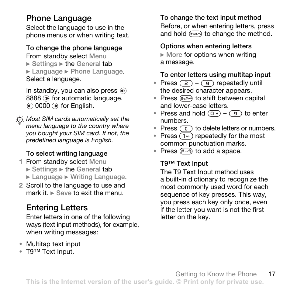 Phone language, Entering letters | Superior W880I User Manual | Page 17 / 100