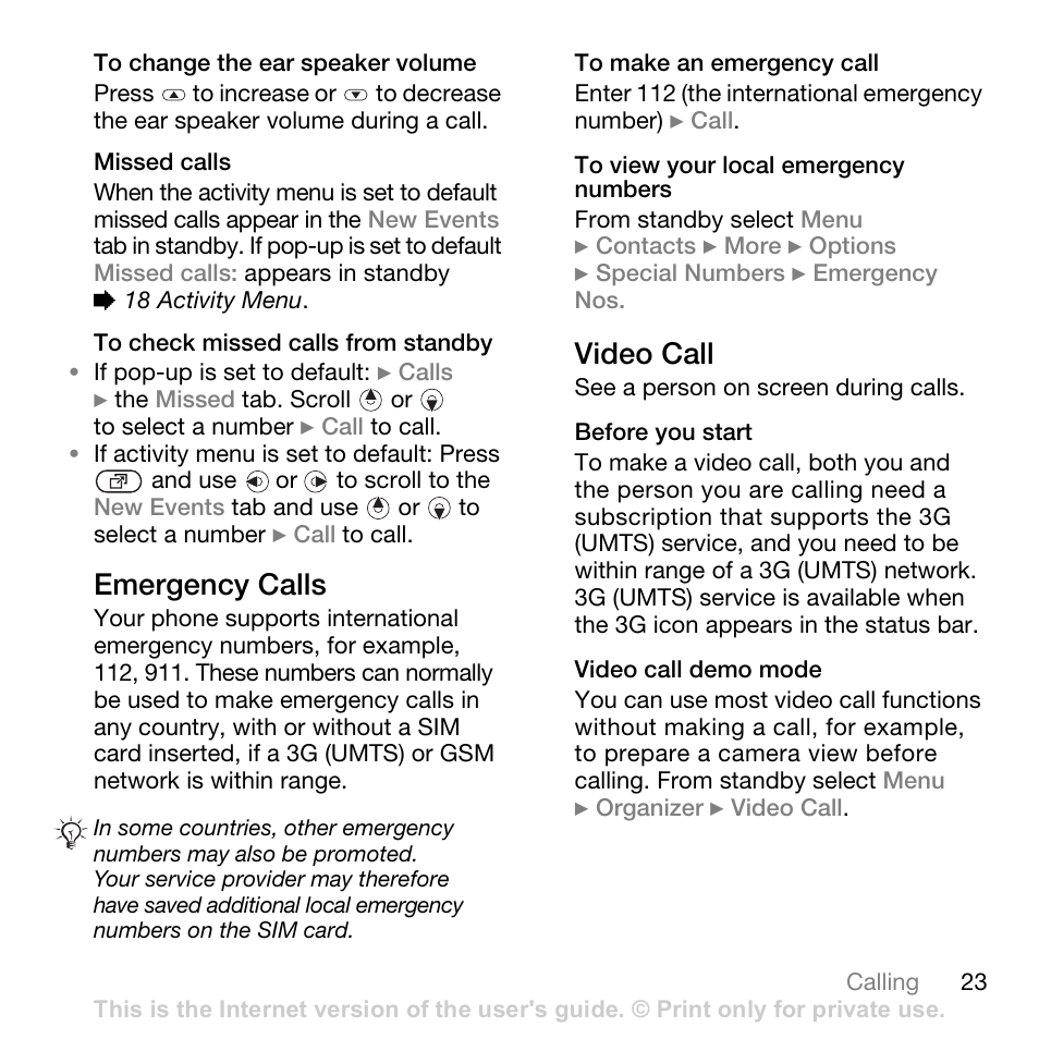 23 video call, Emergency calls, Video call | Superior W880I User Manual | Page 23 / 100
