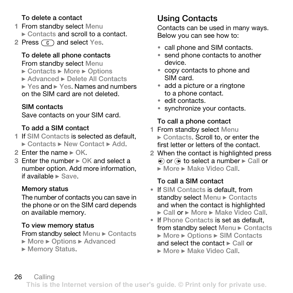 Using contacts | Superior W880I User Manual | Page 26 / 100