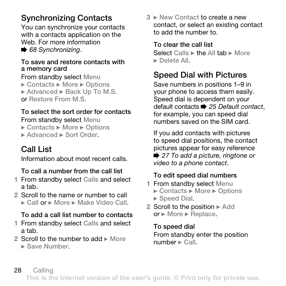28 call list. y, Synchronizing contacts, Call list | Speed dial with pictures | Superior W880I User Manual | Page 28 / 100