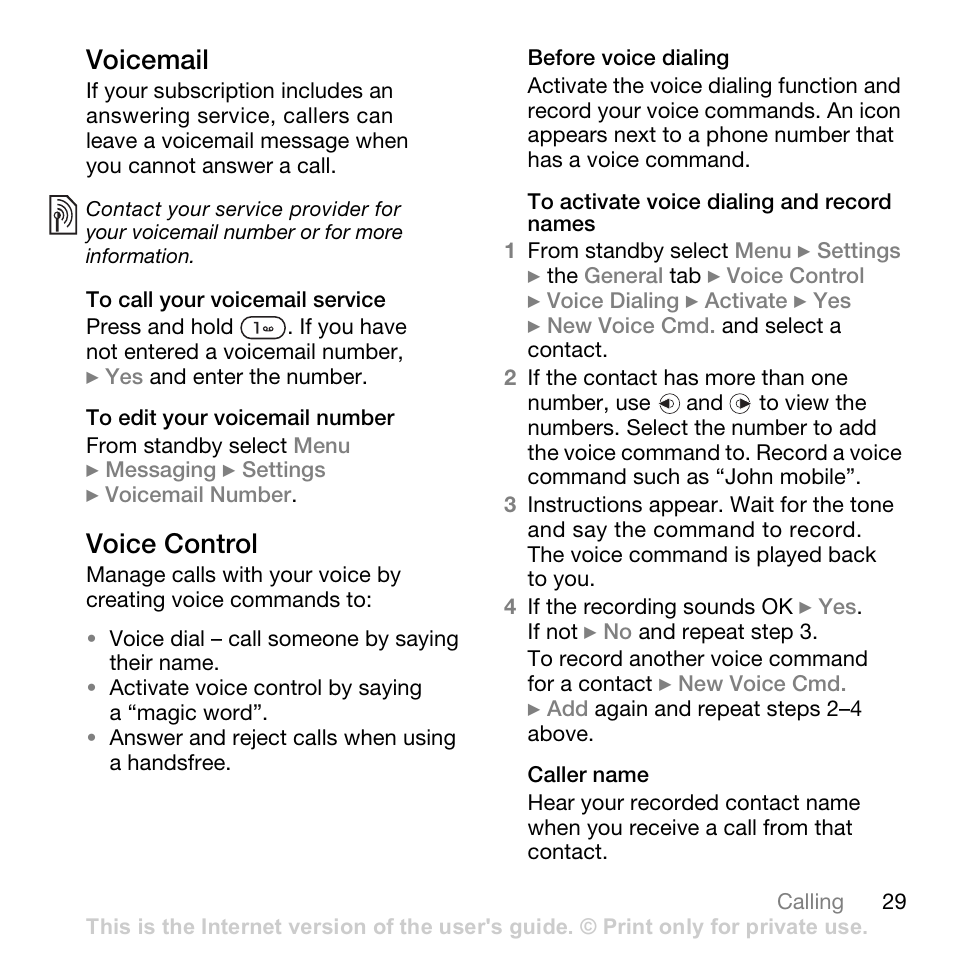 29 voice control, Voicemail, Voice control | Superior W880I User Manual | Page 29 / 100