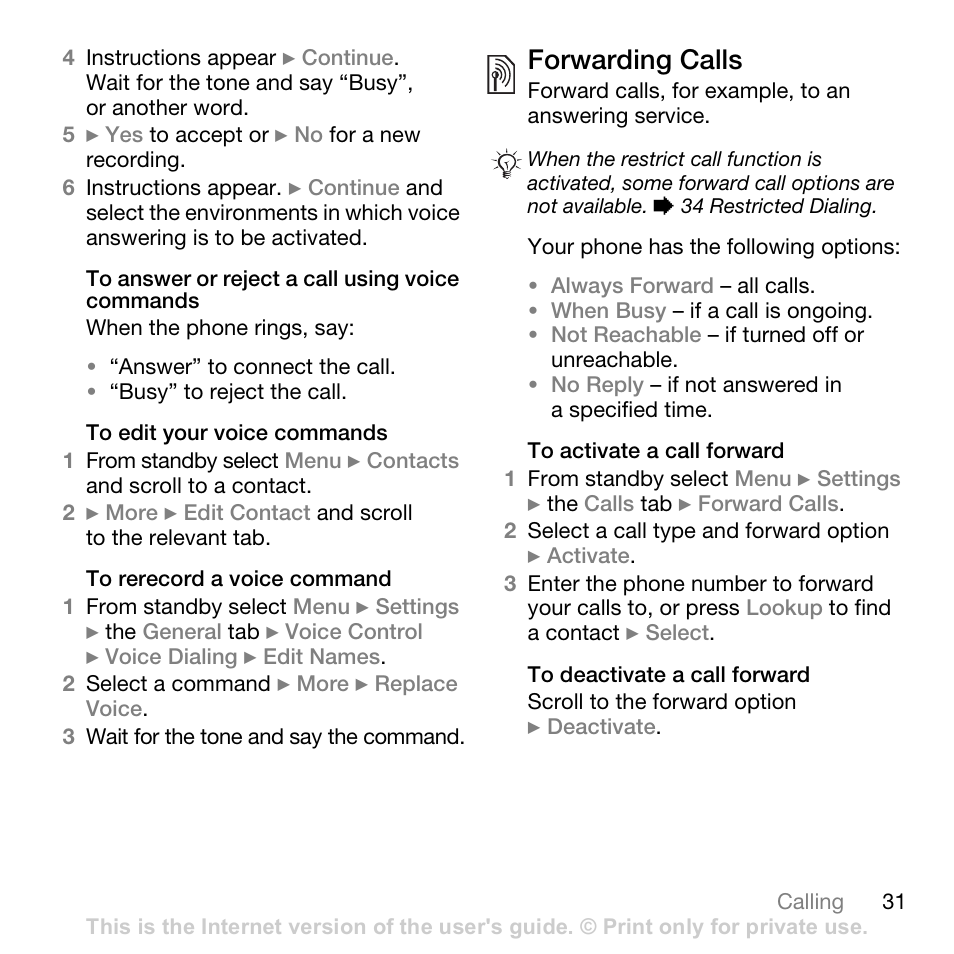 Forwarding calls | Superior W880I User Manual | Page 31 / 100