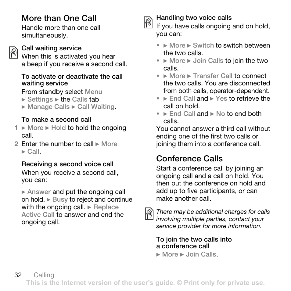 More than one call, Conference calls | Superior W880I User Manual | Page 32 / 100