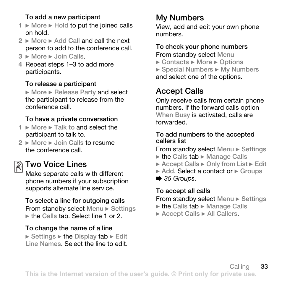 Two voice lines, My numbers, Accept calls | Superior W880I User Manual | Page 33 / 100