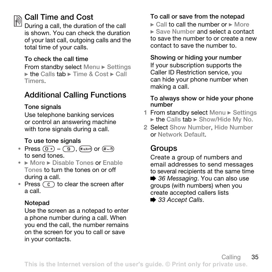 Call time and cost, Additional calling functions, Groups | Superior W880I User Manual | Page 35 / 100