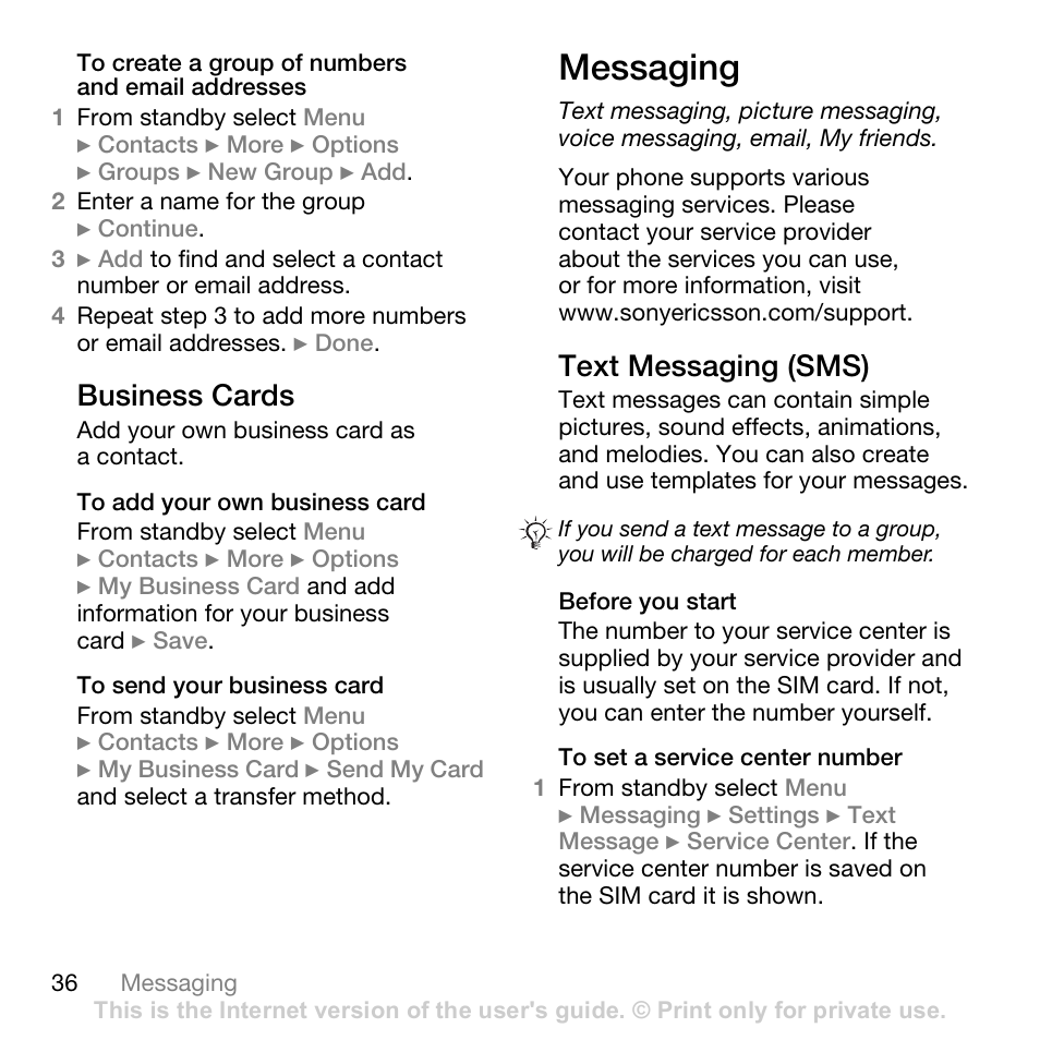 Messaging, 36 messaging, Business cards | Text messaging (sms) | Superior W880I User Manual | Page 36 / 100