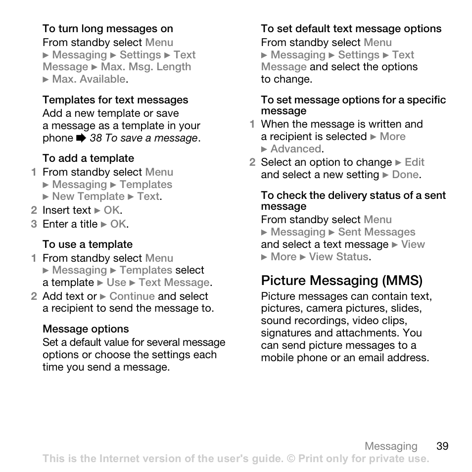 39 picture messaging (mms), Picture messaging (mms) | Superior W880I User Manual | Page 39 / 100
