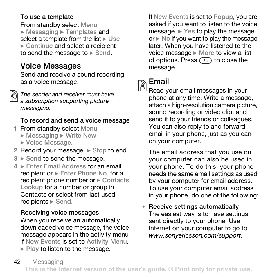 Voice messages, Email | Superior W880I User Manual | Page 42 / 100