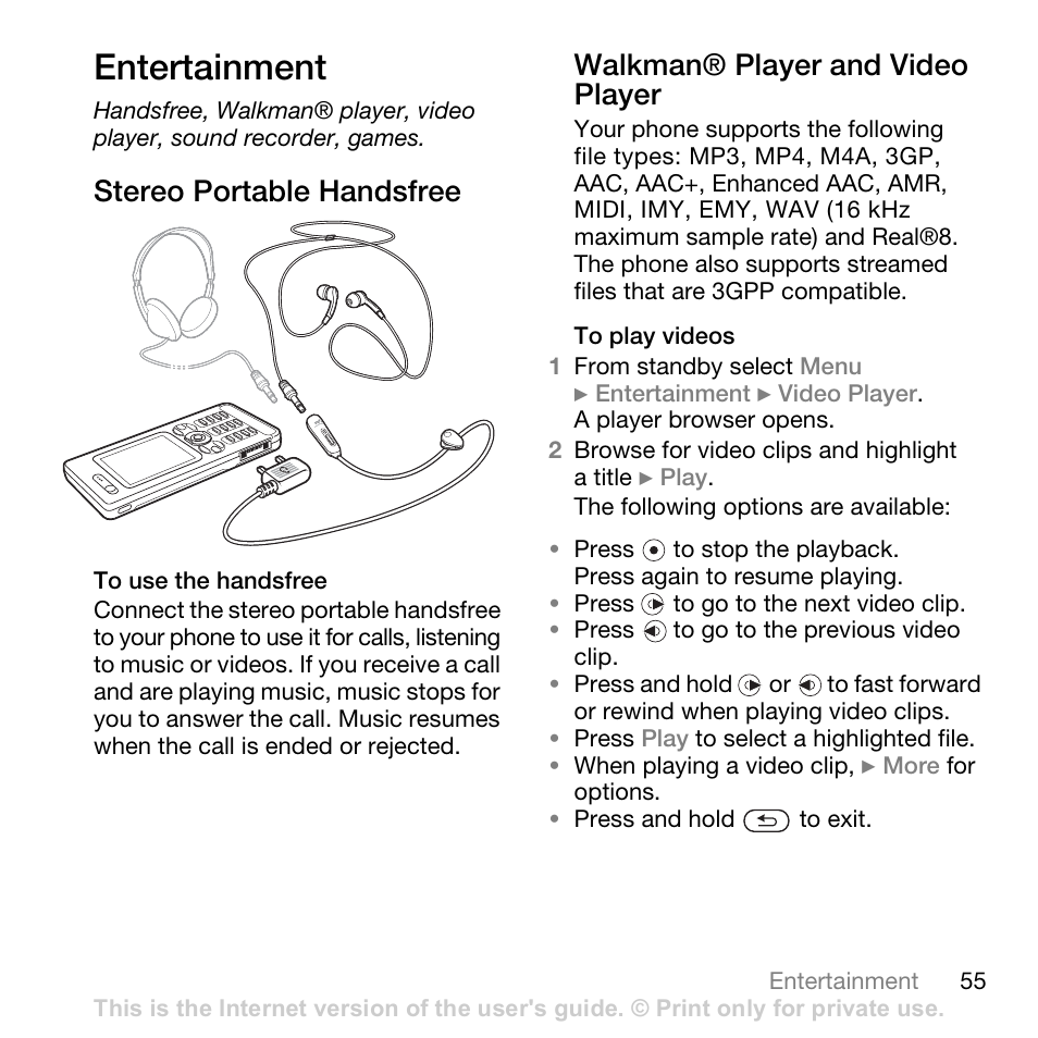 Entertainment, Stereo portable handsfree, Walkman® player and video player | Superior W880I User Manual | Page 55 / 100