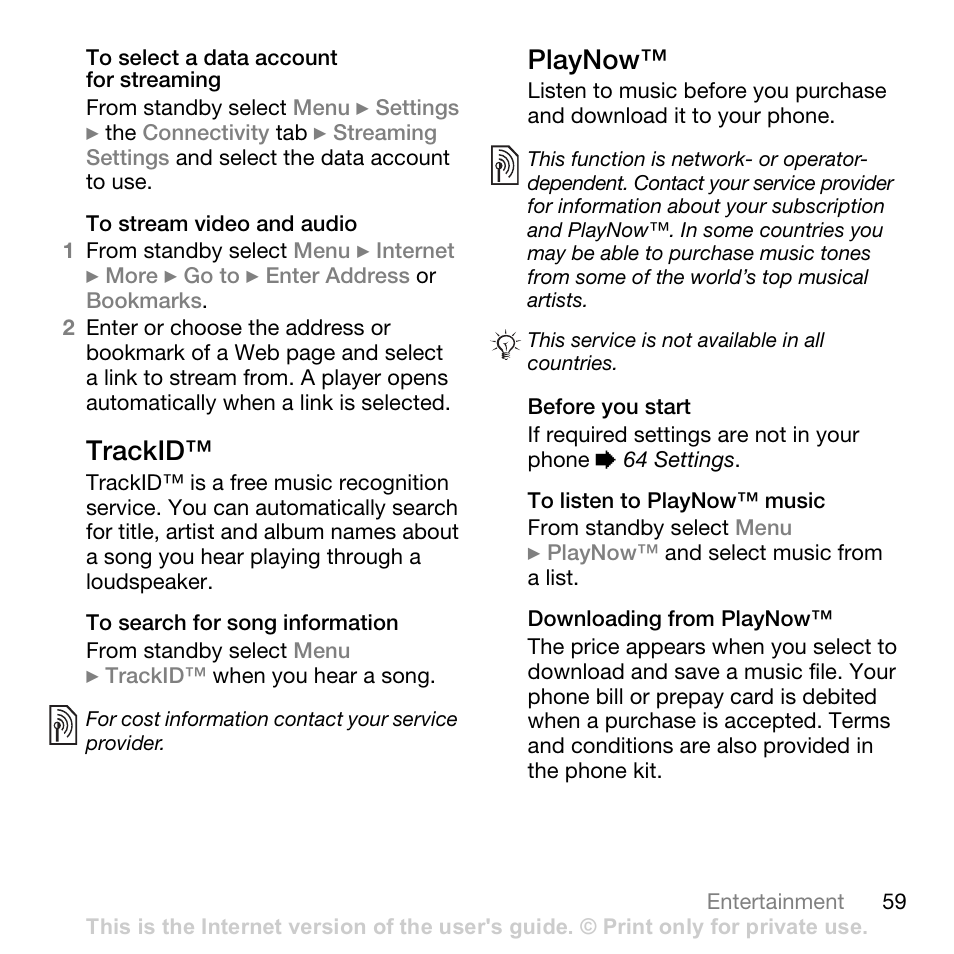 Trackid, Playnow | Superior W880I User Manual | Page 59 / 100