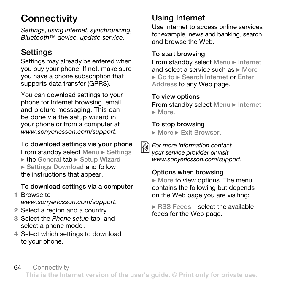 Connectivity, Settings, Using internet | Superior W880I User Manual | Page 64 / 100