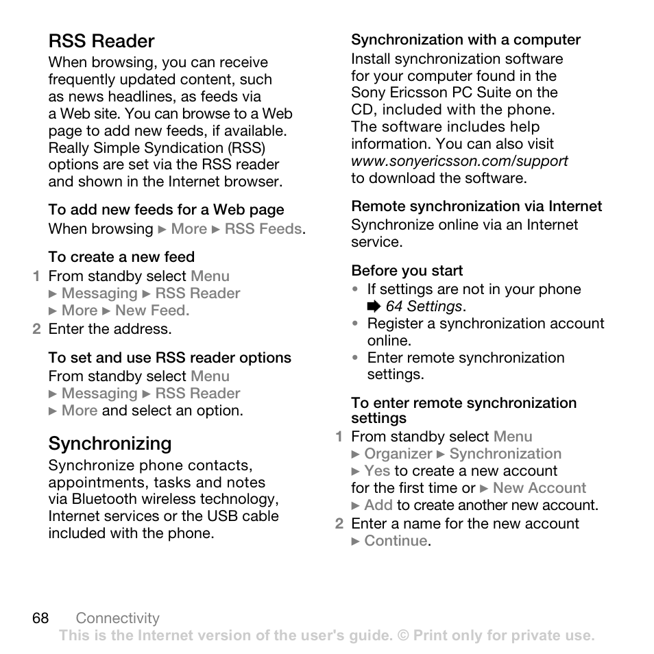 68 synchronizing, Rss reader, Synchronizing | Superior W880I User Manual | Page 68 / 100