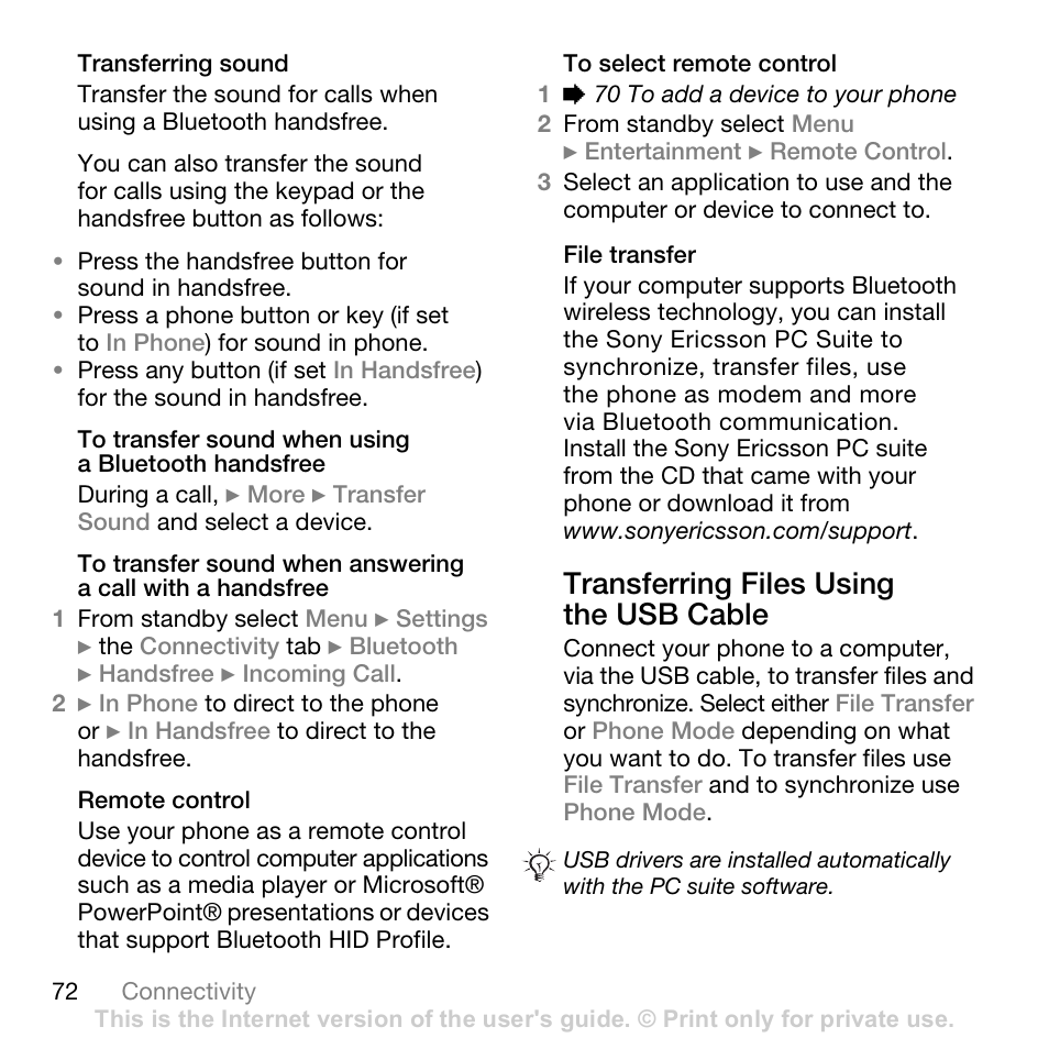 72 transferring files, Using the usb cable, Transferring files using the usb cable | Superior W880I User Manual | Page 72 / 100