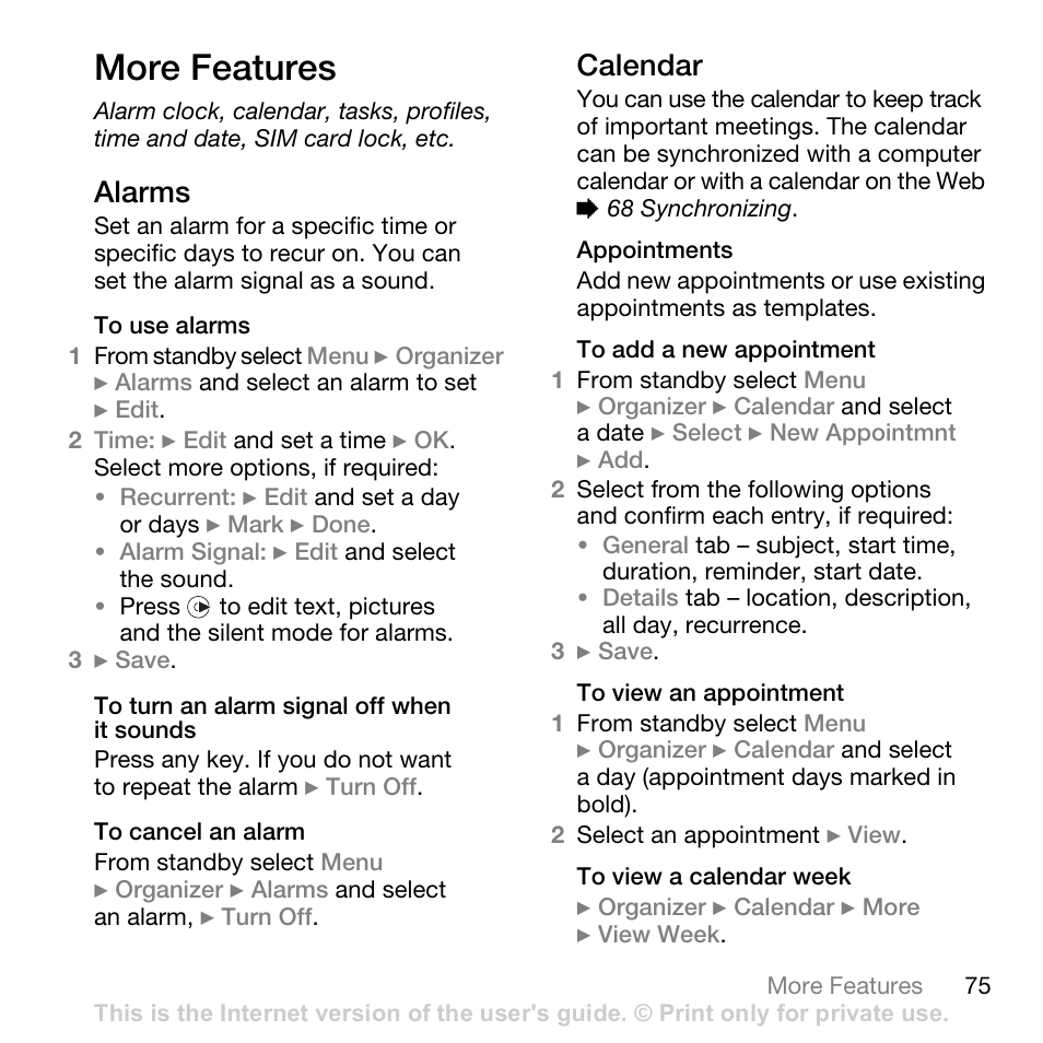 More features, Alarms, Calendar | Superior W880I User Manual | Page 75 / 100