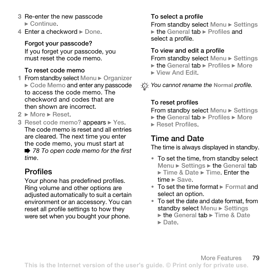 Profiles, Time and date | Superior W880I User Manual | Page 79 / 100