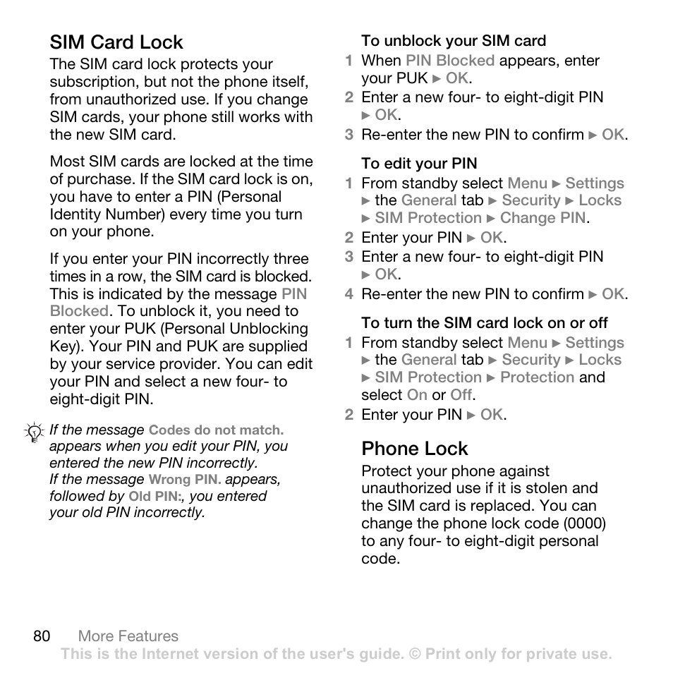 Unblocking key), 80 sim card lock, Sim card lock | Phone lock | Superior W880I User Manual | Page 80 / 100