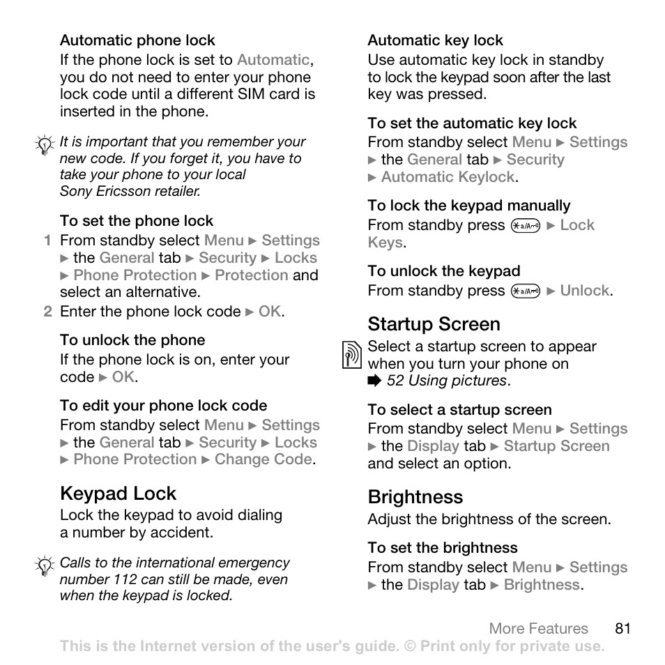 Keypad lock, Startup screen, Brightness | Superior W880I User Manual | Page 81 / 100