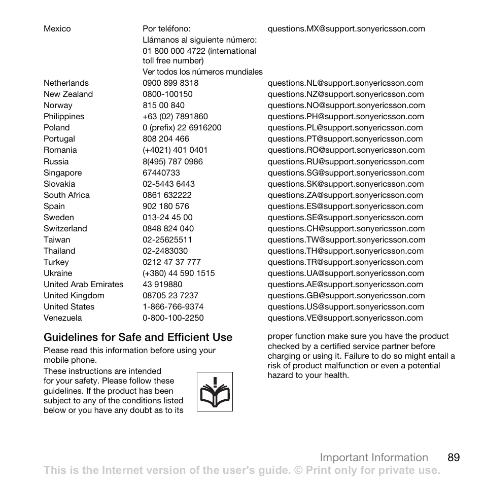 89 important information, Guidelines for safe and efficient use | Superior W880I User Manual | Page 89 / 100