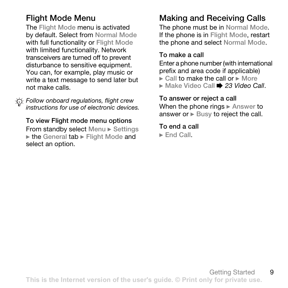 Flight mode menu, Making and receiving calls | Superior W880I User Manual | Page 9 / 100
