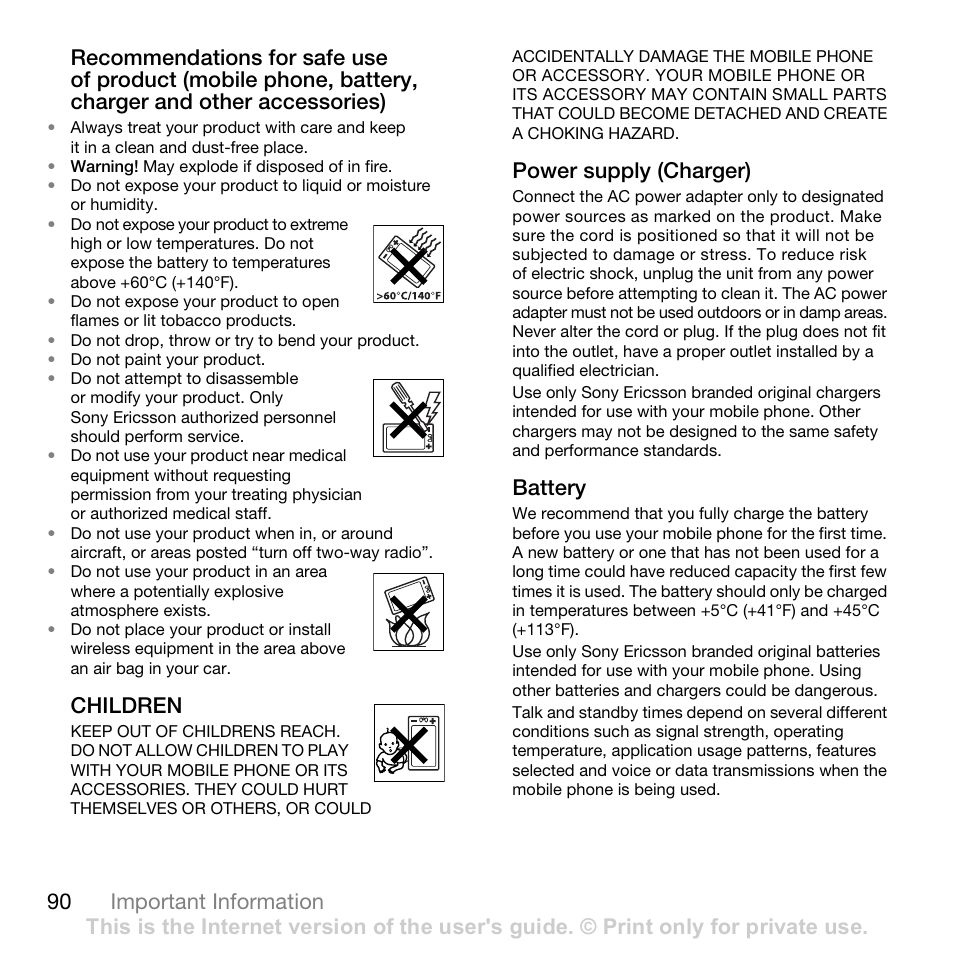 90 battery, Children, Power supply (charger) | Battery | Superior W880I User Manual | Page 90 / 100