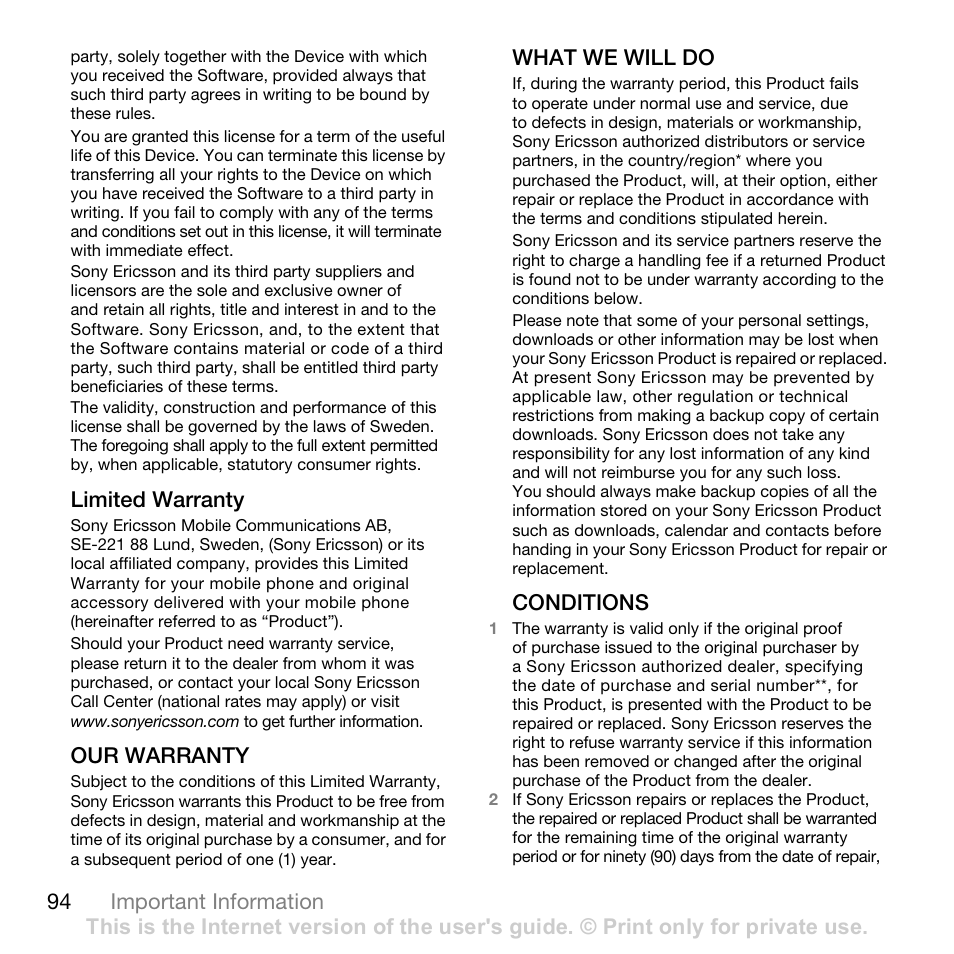 94 important information, Limited warranty, Our warranty | What we will do, Conditions | Superior W880I User Manual | Page 94 / 100