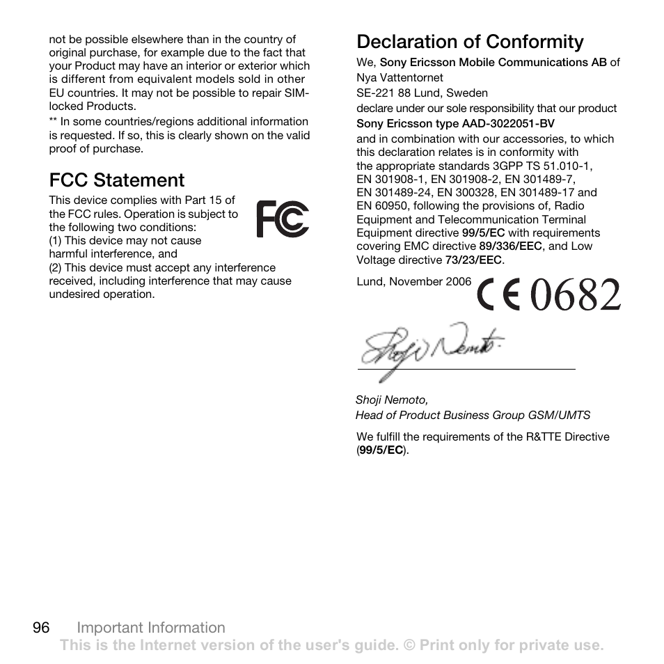 Fcc statement, Declaration of conformity | Superior W880I User Manual | Page 96 / 100